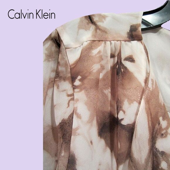 Calvin Klein NEW Abstract Chiffon Semi-Sheer Ruffle Roll-Up Sleeve Blouse L - Picture 7 of 11